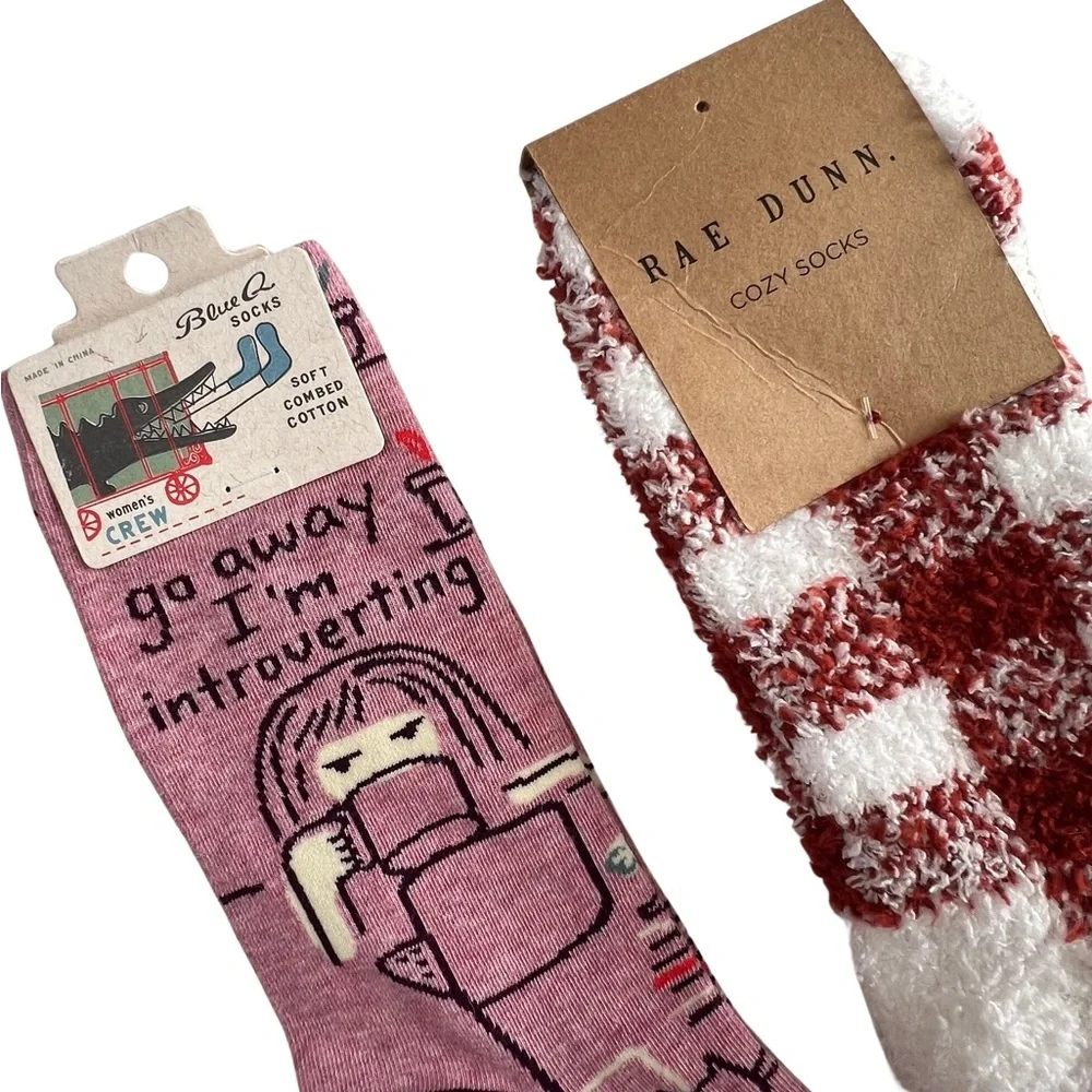 Socks Lot Rae Dunn Buffalo Plaid + Blue Q Introvert White Rust Pink Purple 4-10